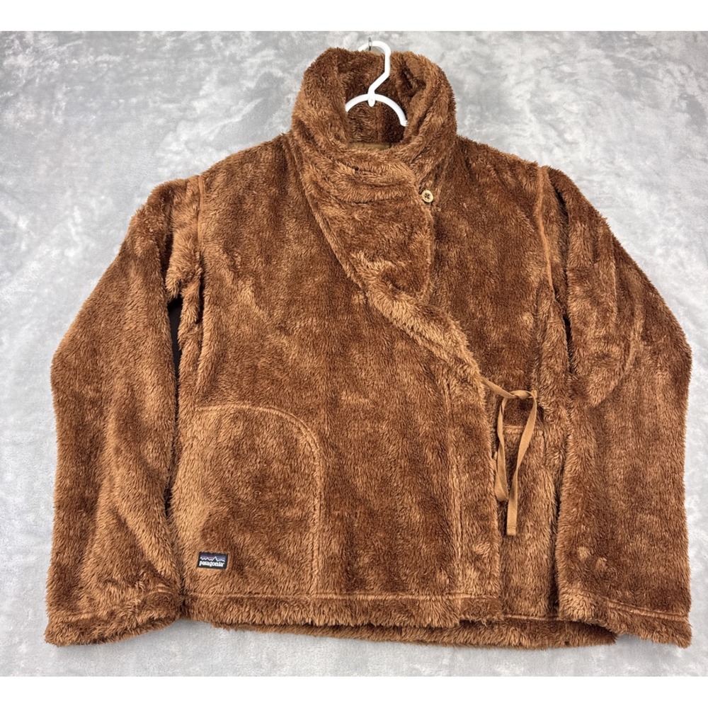 PATAGONIA Plush Wrap Fleece Jacket Women L Brown Sherpa Shawl Rare!